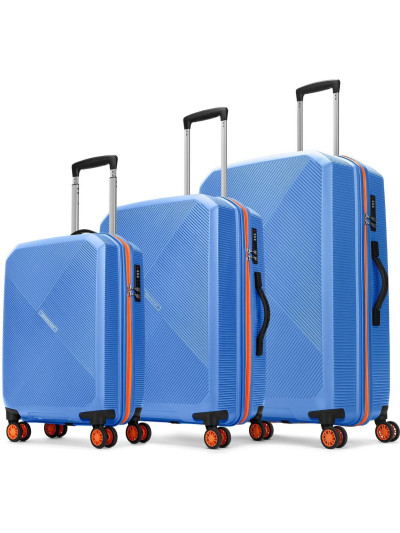 ARISTOCRAT Hard Body Set of 3 Luggage 8 Wheels - Apex Hard Side Polypropylene Luggage | Trolley Bag with Combination Lock - Blue