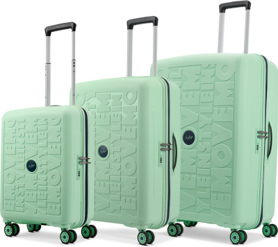 SKYBAGS Hard Body Set of 3 Luggage 8 Wheels - Play Hard Side Trolley Bag, Polypropylene Travel Luggage with Combination Lock - Green